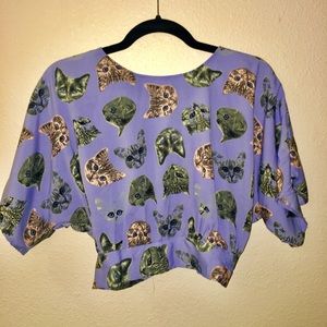 Cropped Cat-Patterned Blouse